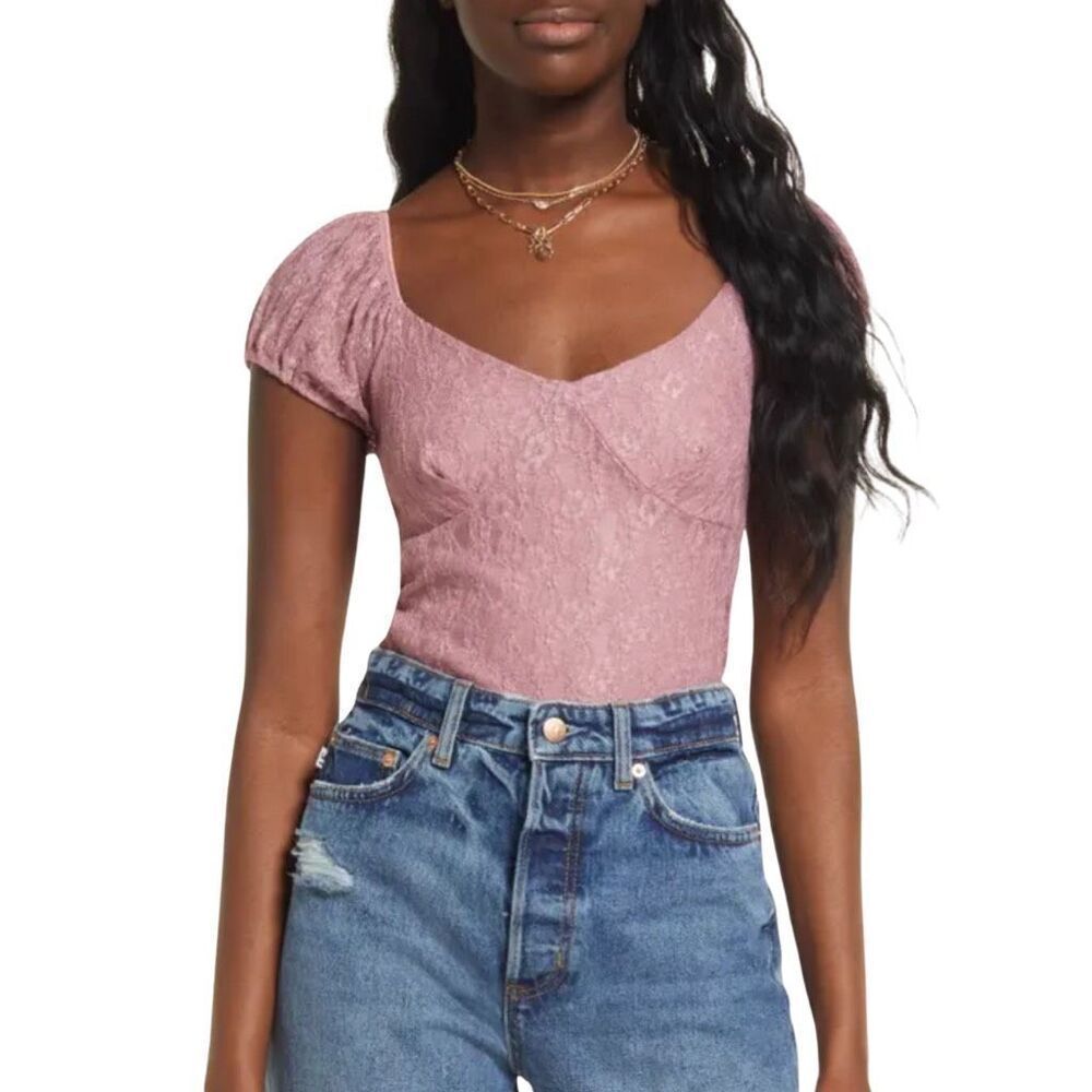 NWT BP. Nordstrom Lace Crop Top Large Mauve Pink Romantic Coquette Puff Sleeve